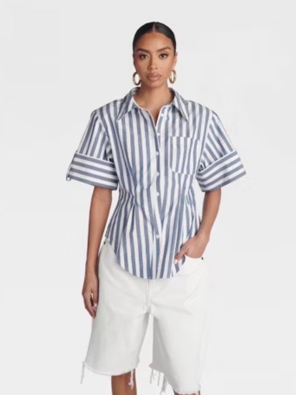KBB by KAHLANA Short Sleeve' The Hourglass Button-Down Shirt' Blue Striped M NWT